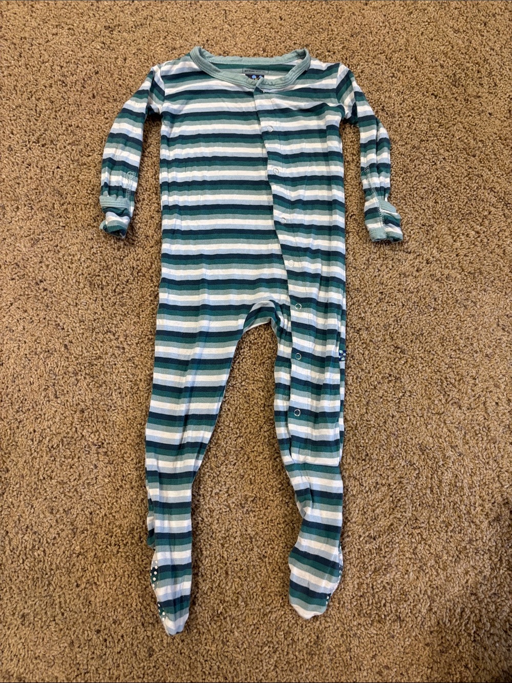 Kickee Pants Teal & White Striped Footed One-Piece, size 12-18 months.